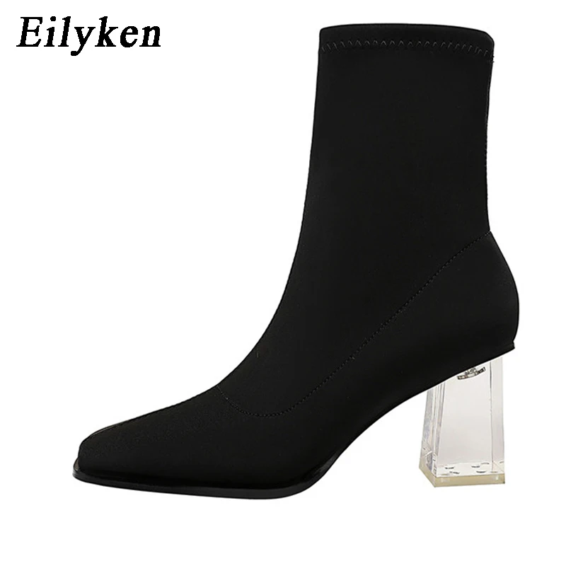 Eilyken; модные ботинки с коротким носком из эластичной ткани; ботильоны на прозрачном каблуке 7,5 см; сезон осень-зима; женские ботинки с квадратным носком