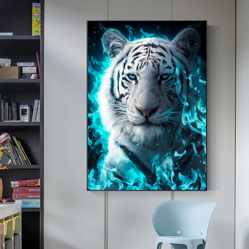 Blue Fire White Tiger Canvas Painting Cute Animal Modern Posters and Prints Wall Art Picture for