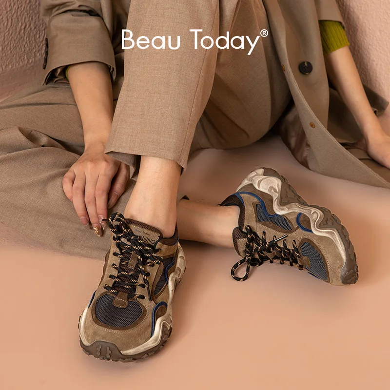 

BeauToday Chunky Sneakers Women Suede Leather Mesh Patchwork Mixed Colors Lace Up Ladies Casual Platform Shoes Handmade 29426