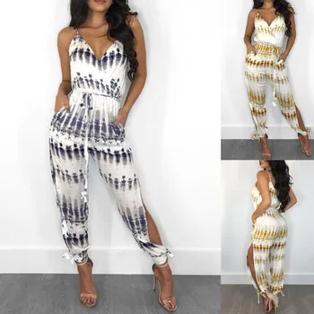 

Women's Jumpsuits Summer Tie Dye Print Spaghetti Strap Slit Leg loose Up pockets Jumpsuit сиамские брюки Женский комбинезон