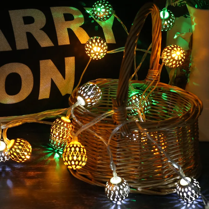 

LED Hollow out Morocco Ball Light Colorful Lights Metal Pendant Colorful Lights Lighting Chain Iron Art round Ball Battery Light