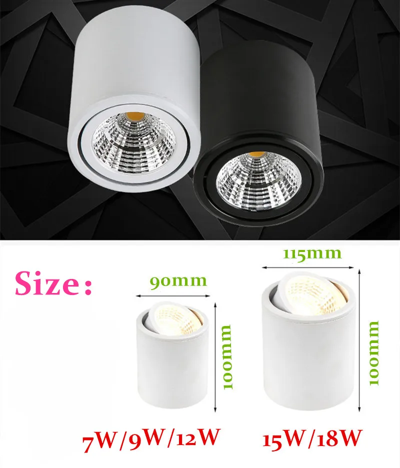 High quality Rotating Downlight COB LED Surface mounted Cylinder Ceiling lamp 7W 9W 12W 15W 18W Adjustable Spot light AC85-265V
