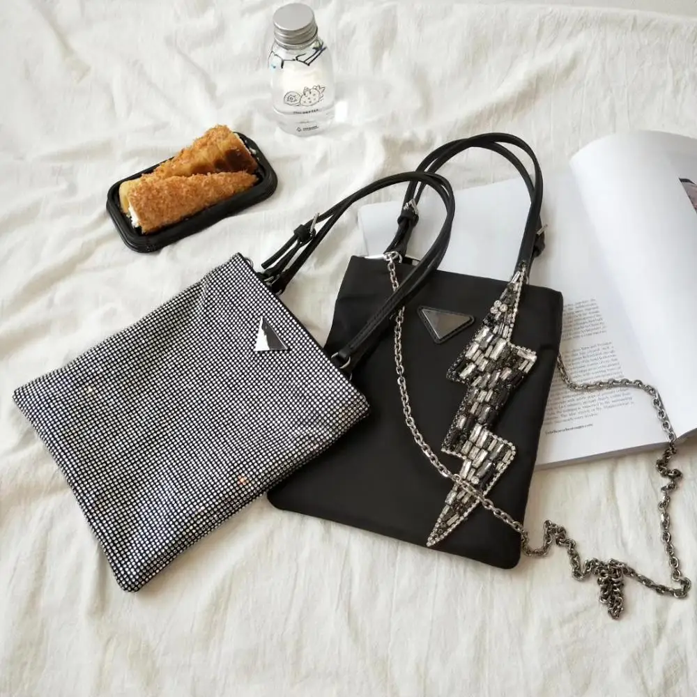 Lightning Diamond Lady Purses Handbag Nylon Tote Bling Crystal Chain Girls Crossbody Bags Korean Fashion Evening Party Bag Pouch |