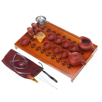 

Chinese Purple Clay Kung Fu Tea Set Drinkware Tea Cup Tureen Infuser Chinese Tea Ceremony with Wood Tea Tray Chahai Tea Table
