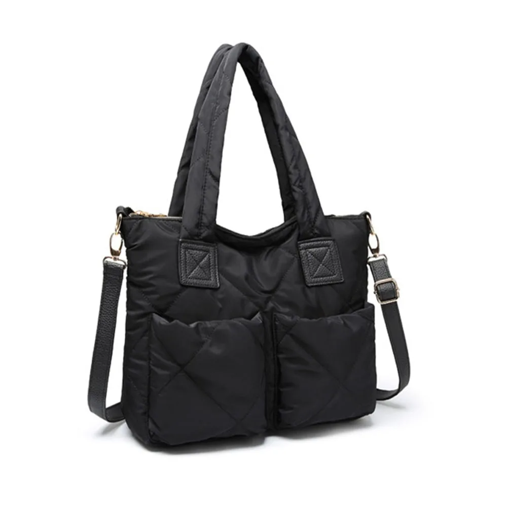 black New Simple Ladies Shoulder Bag Solid Color Space Cotton Wild Mummy Bag Oxford Cloth Camouflage Printing Large Capacity Handbags - Color: black