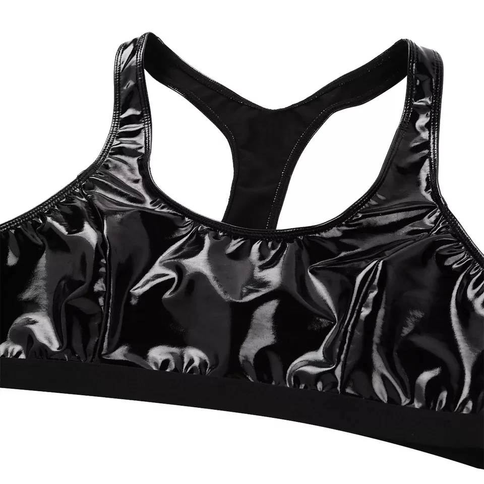 Erotic Lingerie Women Sexy Wetlook Glossy Leather Deep U Bra