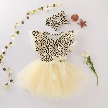 

Summer Casual Fashion Baby Girls Leopard Printing Short Sleeve Mesh Princess Dress Headband Two-piece Kit