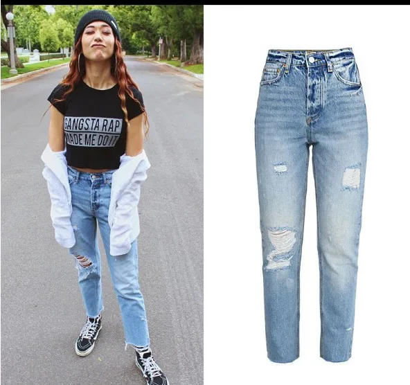 Hot Light Blue Рваные джинсы для женщин длиной до щиколотки, хлопок, высокая талия, уличная одежда, светильник, синие прямые брюки - Цвет: Hot Light Blue