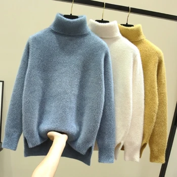 

FMFSSOM New Autumn Winter Women High Collar Mink White Thickened Loose Bottomed Sweater Women's Pullover