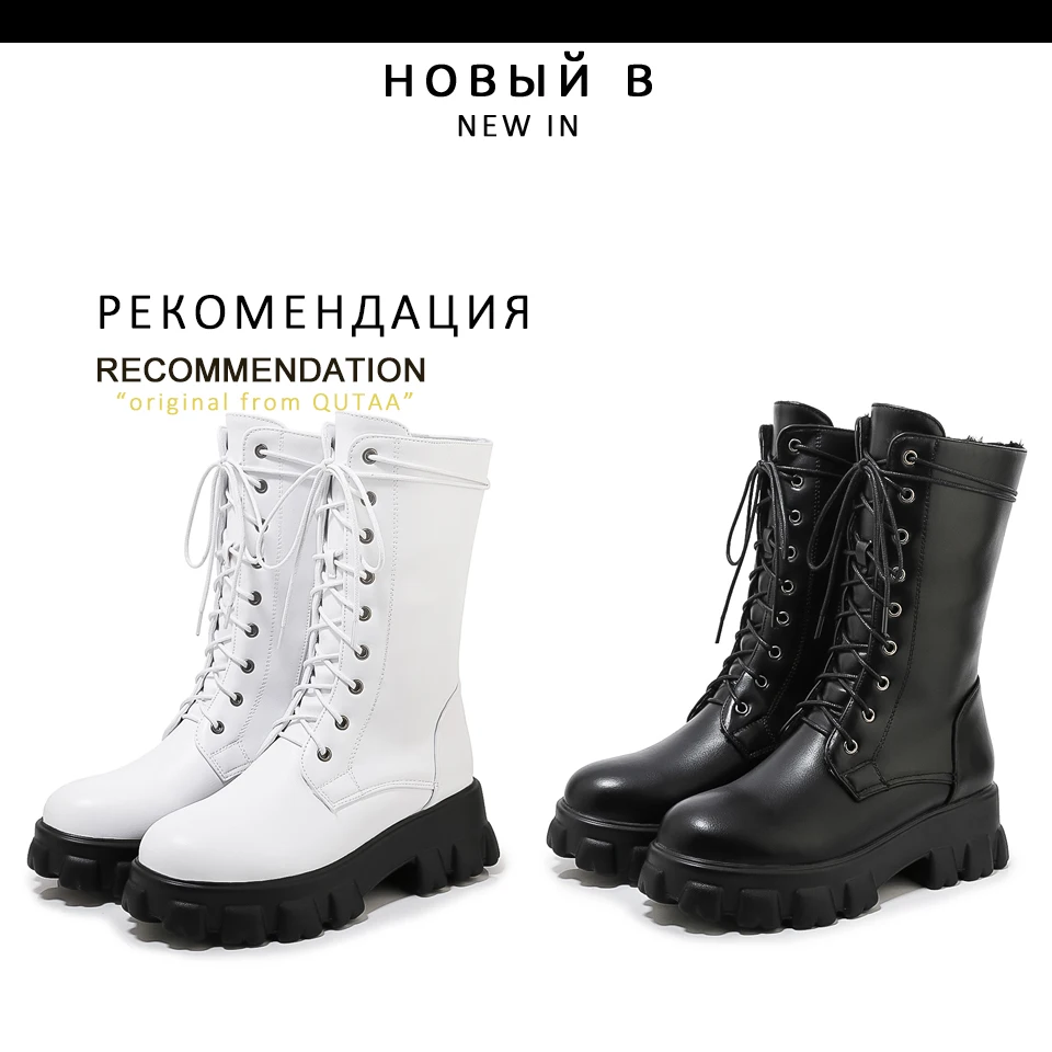QUTAA/ модные мотоботы на квадратном каблуке сапоги до середины икры из искусственной кожи осенне-зимняя женская обувь на молнии со шнуровкой размеры 34-43