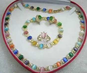 

Free Shipping Pretty Multicolor Opal Necklace Bracelet Earring Ring set