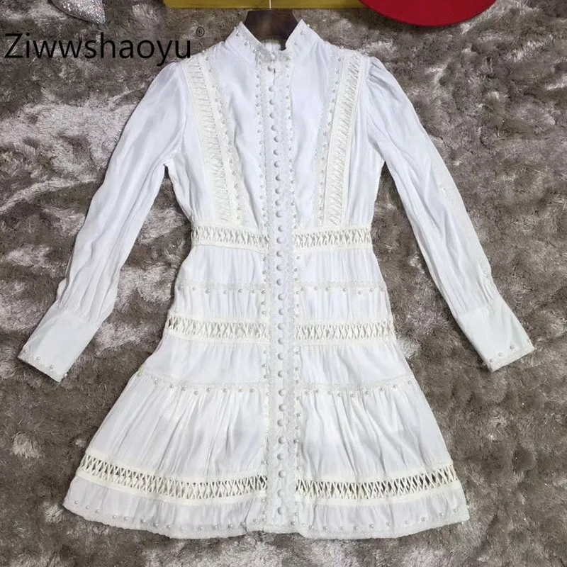 Ziwwshaoyu/высококачественное осенне-зимнее Брендовое короткое платье женские однобортные белые платья с длинным рукавом и отделкой из бус