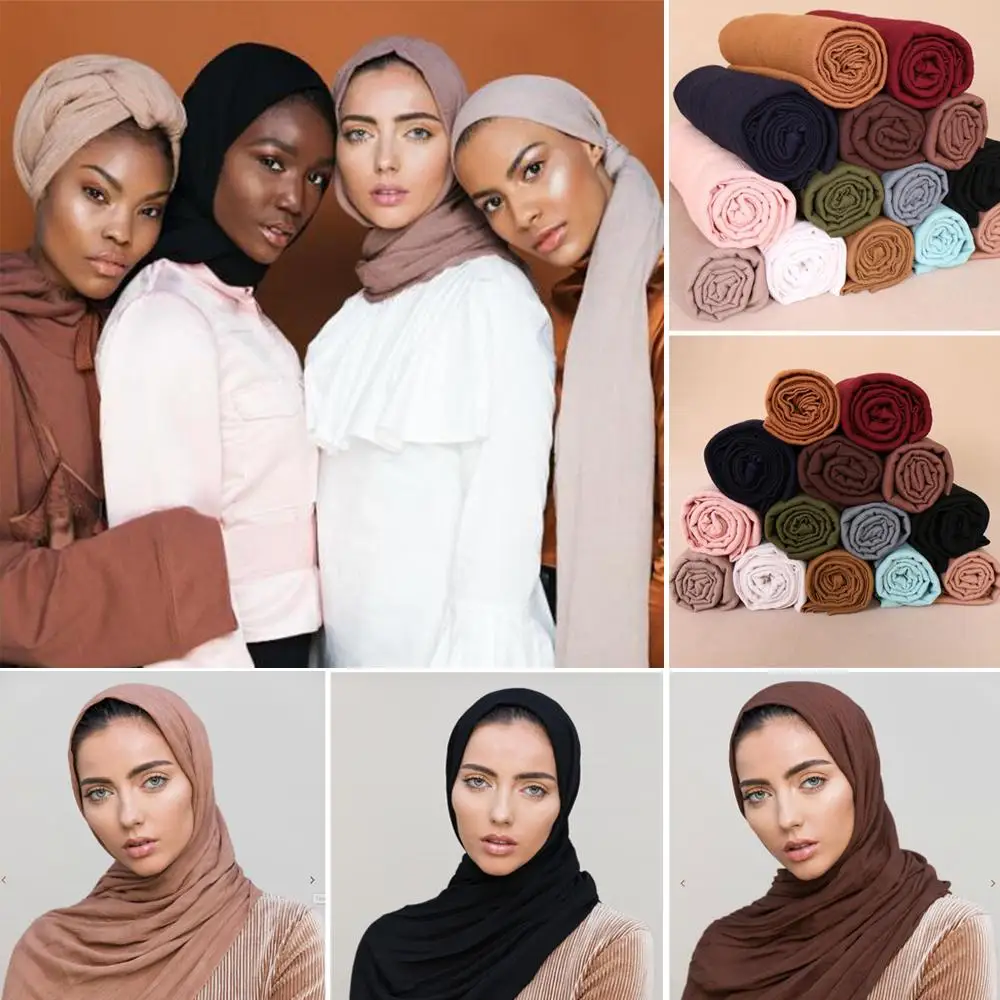 

180*95cm Muslim Hijab Long Scarf Crinkle Cloud Soft Headscarf Shawl Wrap Solid Color Islam Turban Pashmina Cape Poncho Headwrap