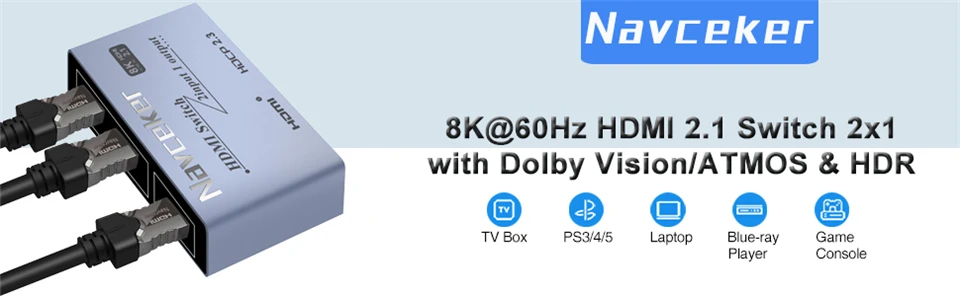 2026 Switcher HDMI 2.1-compatible 2 in 1 out Ultra 48Gbps 8K@60Hz 4K@120Hz Switc