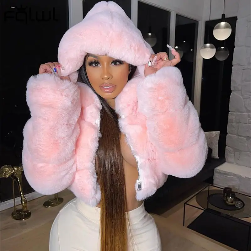 FQLWL White Faux Fur Winter Jacket For Women 2021 Black Long Sleeve Hooded Coat Female Fashion Coats And Jackets | Женская одежда