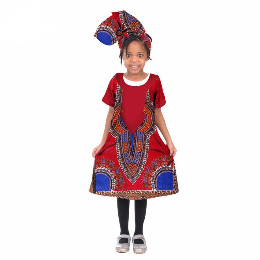 

Kids 2-14T Dashiki Print 2020 News Headwear Dress Suit African Dresses for Women Baby Girl Bazin Traditional African Clothes