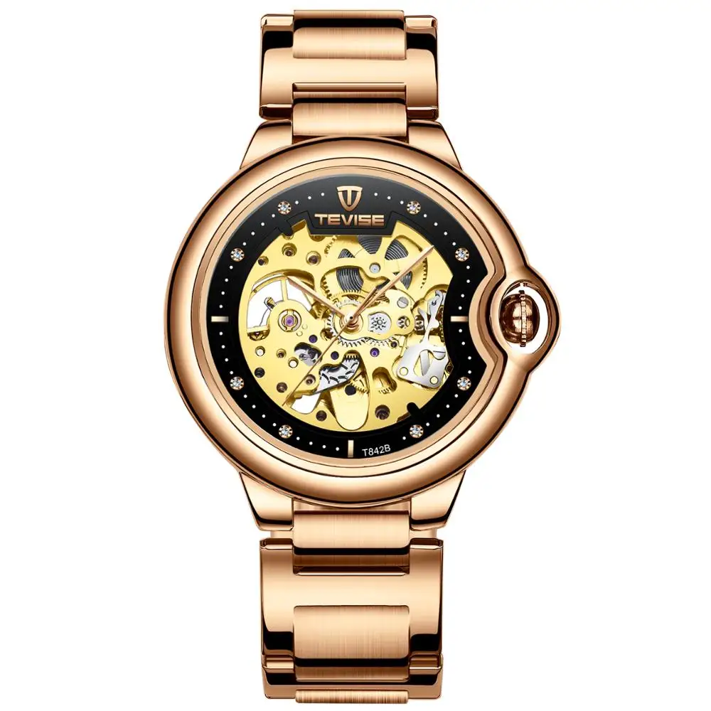 Fashion Brand TEVISE New Men Automatic Mechanical Watch Stainless Steel Skeleton Wristwatch Male Gifts Clock - Цвет: rose gold