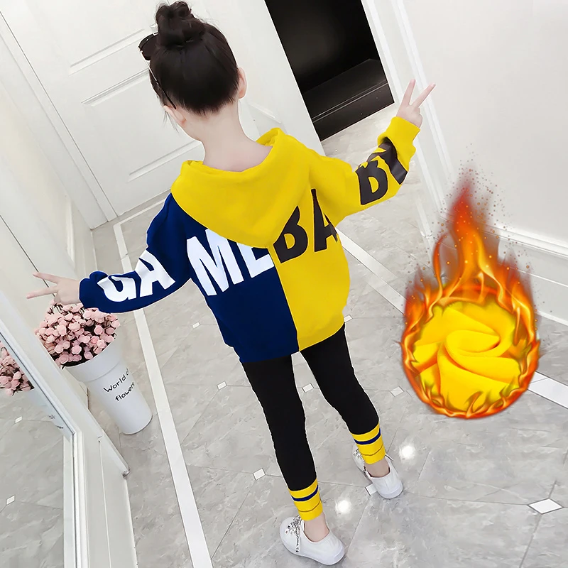 fleece yellow Комплект зимней одежды для девочек-подростков; детская одежда для девочек; цвет красный, черный; теплые флисовые толстовки с капюшоном; пальто; брюки; Детская осенняя одежда; костюм - Цвет: fleece yellow