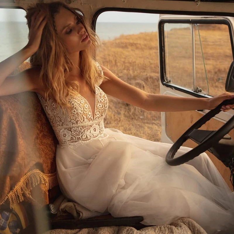 Wedding Dresses Boho V Neck A Line Lace Appliques Beach Vintage Bridal Gowns Bohemian Plus Size
