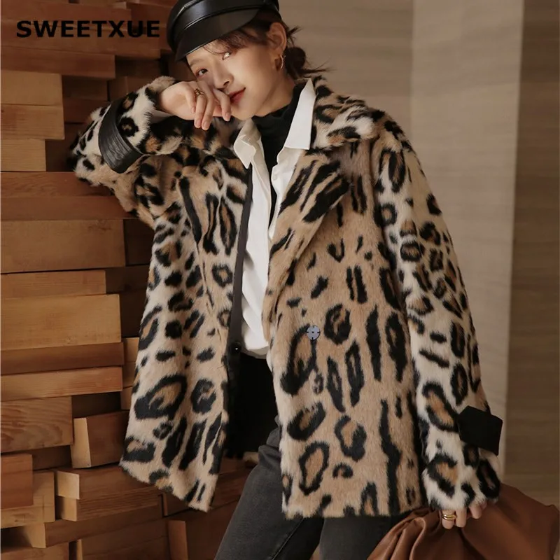 SWEETXUE, женские пальто из искусственного меха, имитация овечьей шерсти, Леопардовый принт, меховые утолщенные куртки из искусственного меха, модные Свободные теплые женские куртки