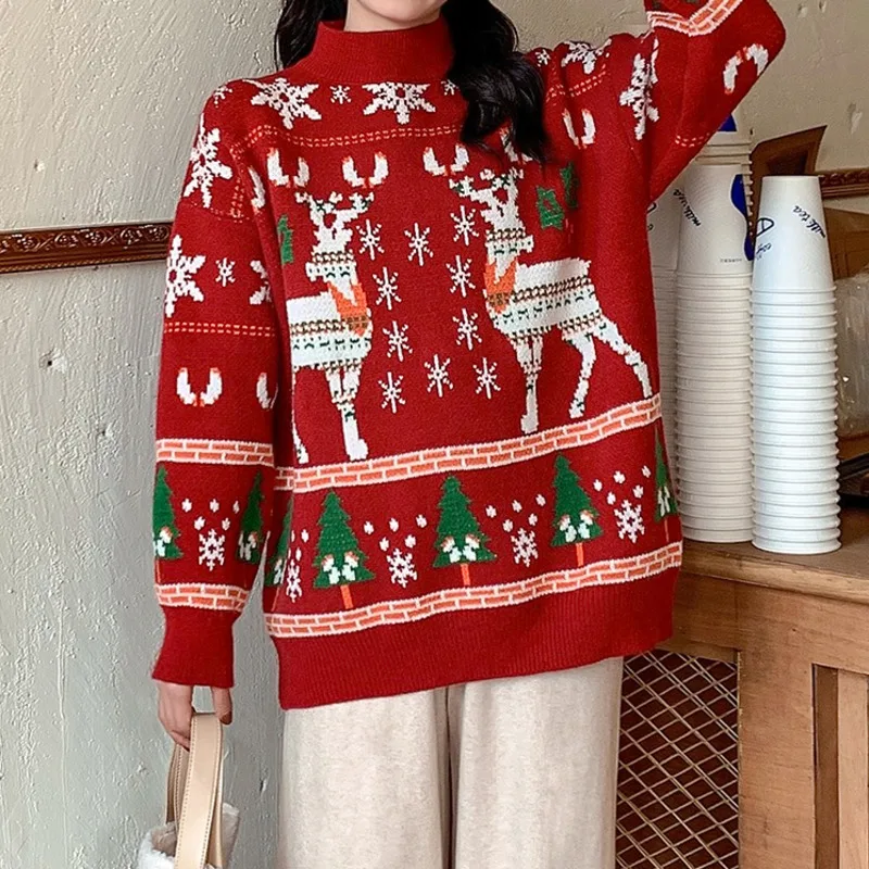 

2020 New Fashion Deer Snowflake Pattern Pullover Long Sleeve Red Knitted Sweater Ladies Christmas Sweater