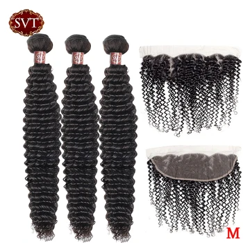 

SVT Hair Peruvian Curly Bundles With Frontal 4Pcs/Lot 8-26" Middle Ratio Non-Remy Human Hair Bundles With Lace Frontal
