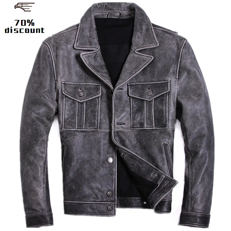 

2020 Vintage Grey Men Double Pockets American Style Leather Jacket Large Size XXXL Genuine Cowhide Autumn Slim Fit Leather Coat
