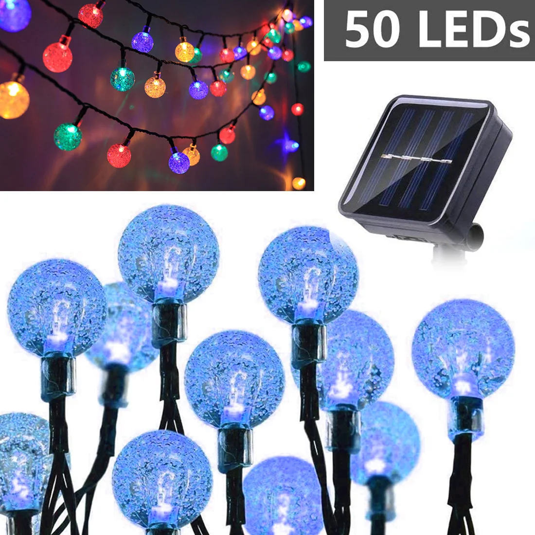 

Multicolor Solar String Lights led Solar String Lights 5m 50LED Crackle Ball Outdoor, 8 Modes Fairy Lights Warm White