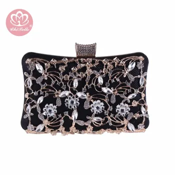 

Chi Belle flower hollow out pattern embroidery diamond gold line square women evening clutch bag girl retro wallet purse handbag