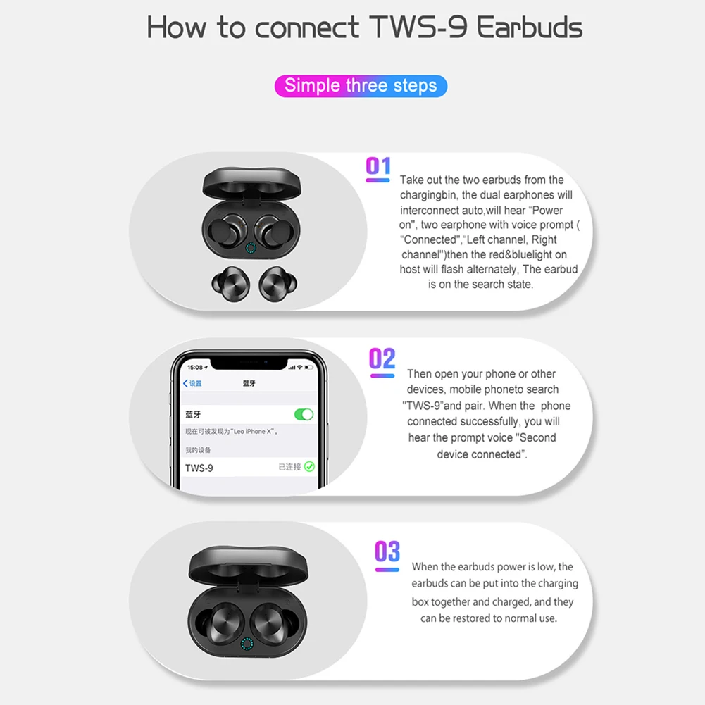 TWS-9 Bluetooth 5,0 Беспроводные наушники с микрофоном для телефона 3D стерео бас гарнитура беспроводные наушники