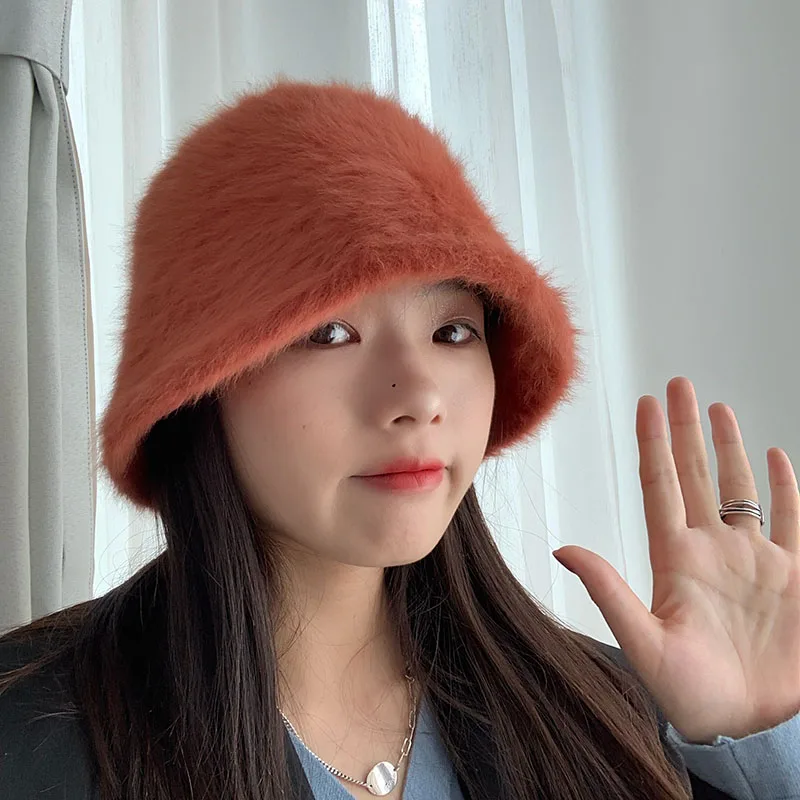 Women's Winter Fashion Solid Color Rabbit Fur Knitted Bucket Hat
