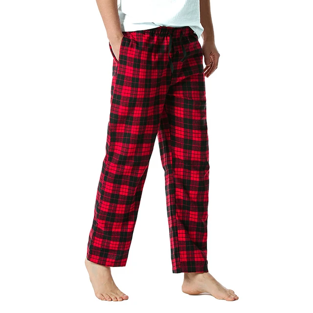 Pantalones de pijama a cuadros para hombre, ropa de dormir de franela de  algodón con cordón y botones, color rojo y negro - AliExpress
