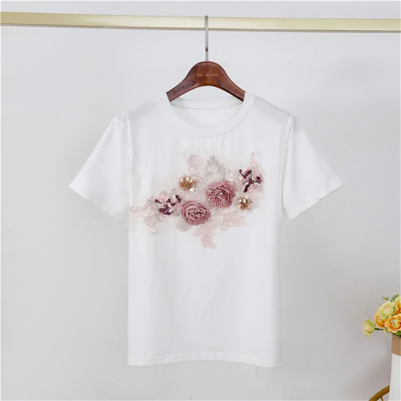 Fashion Loose Sequins 3D Flowers Embroidery White T-shirts Women 2021 Summer Casual Cotton Short Sleeve T-shirt Ladies Tops | Женская