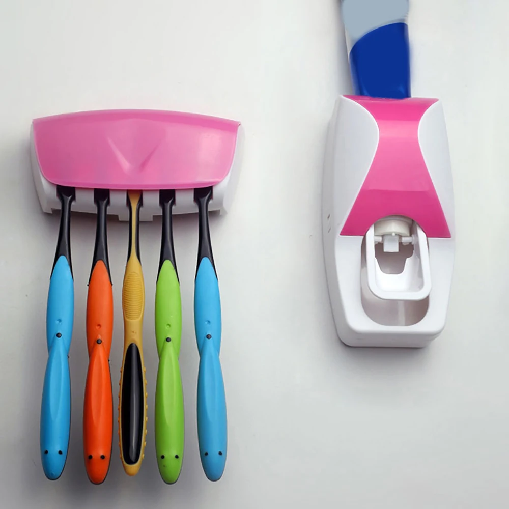 1Set Automatic Toothpaste Holder Plastic Toothpaste Dispenser Creative 5 Toothbrush Holder Wall Mount Rack Bathroom Accessories