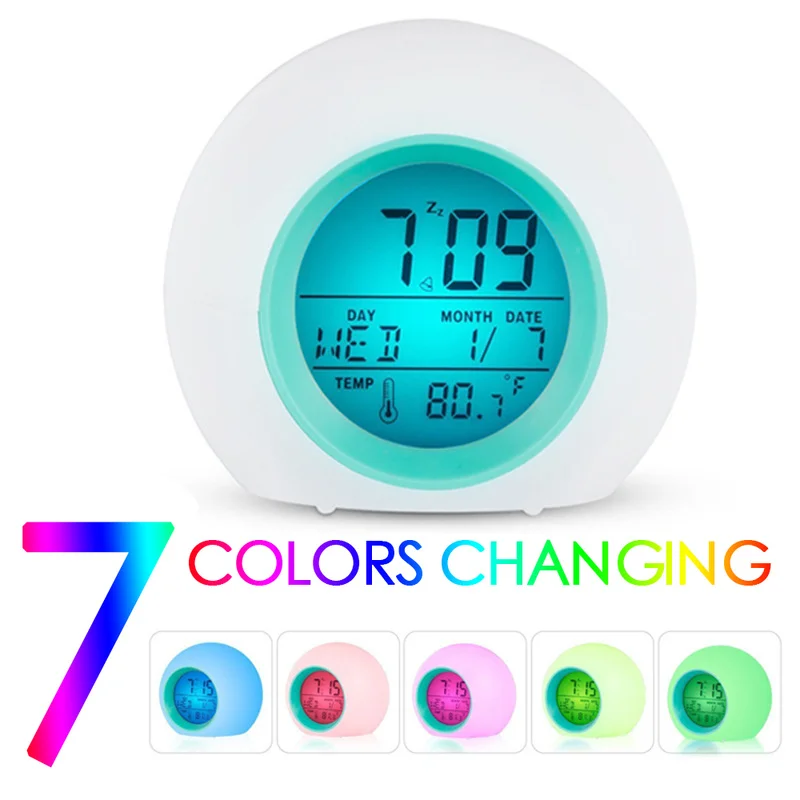 

Creative 7 Calendar Alarm Clock Colorful Back light Round for Children Frontal Sound Alarm Ball Natural Decoration Digital Clock