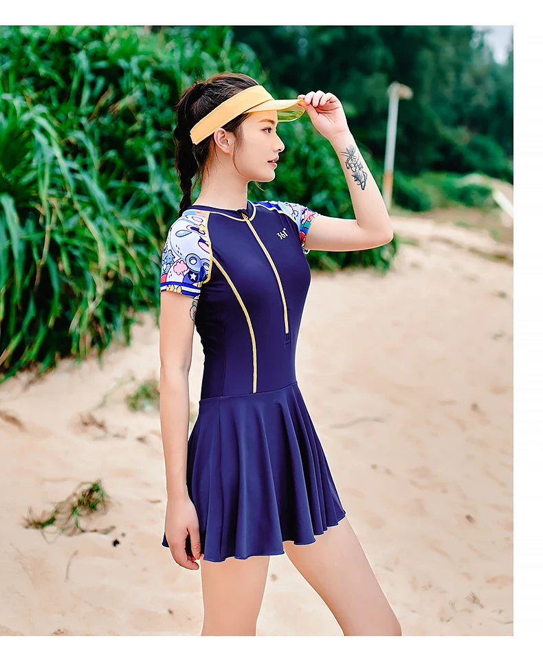 361 Swimsuit Female Summer 2021 One Piece Swim Skirt Short Sleeve Women Swimwear Swim Dress Zipper Stripe Rash Guard
