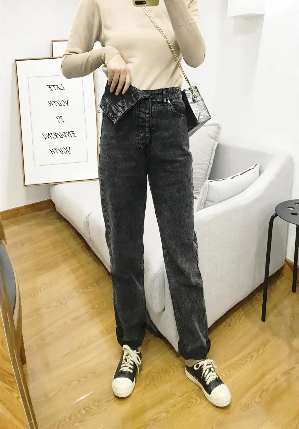 Star firefly streetwear wild irregular high waist pencil pants female casual slim oblique black jeans women