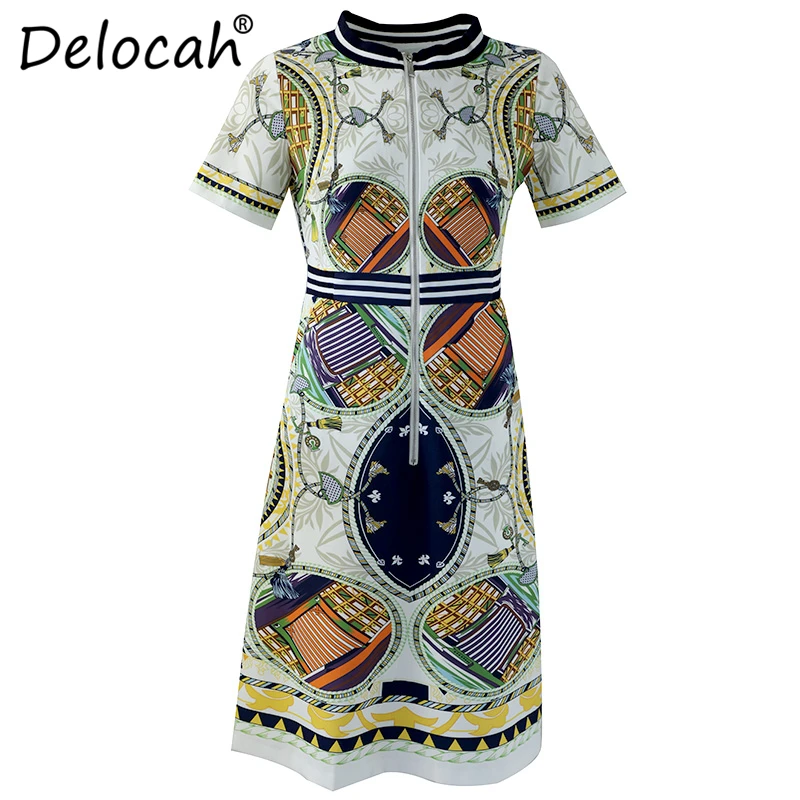Delocah Новое Женское летнее платье для подиума, модное платье с коротким рукавом, на молнии, с принтом, с сборкой талии, элегантное винтажное ТРАПЕЦИЕВИДНОЕ ПЛАТЬЕ МИДИ