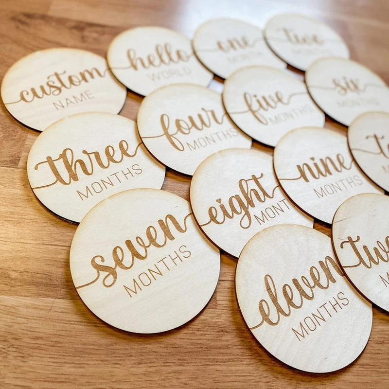 

12 months Round Name Sign Elegant Baby Monthly Milestone Engraved Wood Newborn Baby Announcement