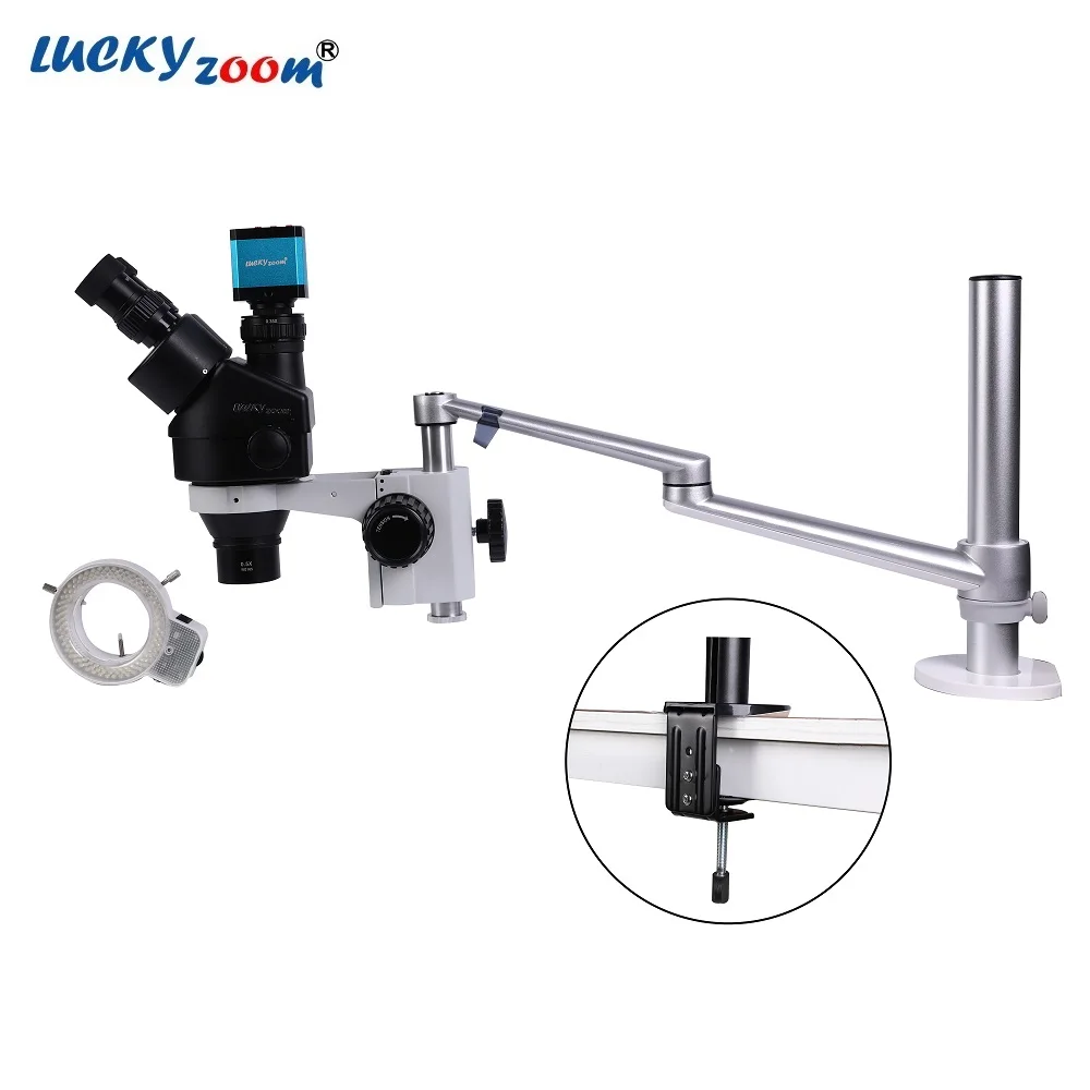 Lucky Zoom Brand New Professional 3.5X-45X Simul Focal Trinocular Microscope BlackTable Clamp Stand Support 76MM Microscope Head Holder Metal Microscopio Set
