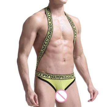 

Sexy Men Bodysuits Jockstrap Letter Mesh Transparent One Piece Jumpsuits Teddies Shapers Underwear Leotard Halter Undershirts