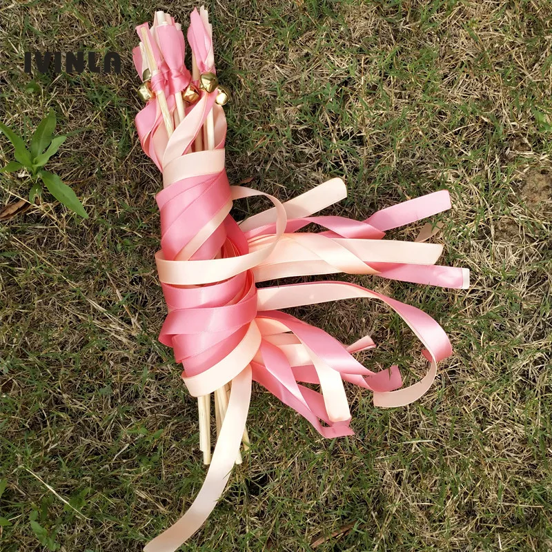 

50 шт./лот розовые свадебные ленты, палочки с колокольчиками для украшения свадебной вечеринки