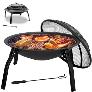 

Folding Fire Pit Wood Burning Fireplace BBQ Grill Steel Bowl w/Mesh Spark Screen Cover Lid for Camping Traveling Picnic Bonfire