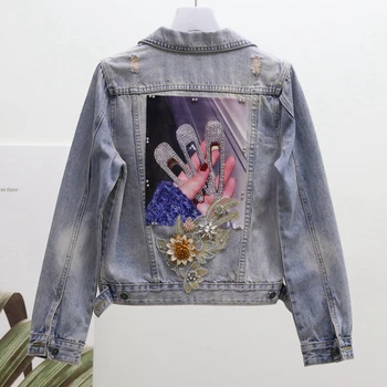 

2020 Spring Fall New Short Embroidered Stereo Flower Beads Diamond Jeans Coat Female Fashion Jean Jackets Women's Jacket Coats