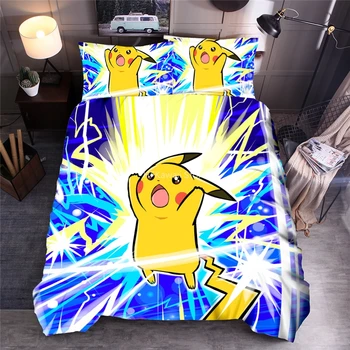 

New Design Blue Lightning Pikachu 3d Duvet Cover Set Pillowcases Pokemon Cartoon Character Printed Bedding Set Queen King Size
