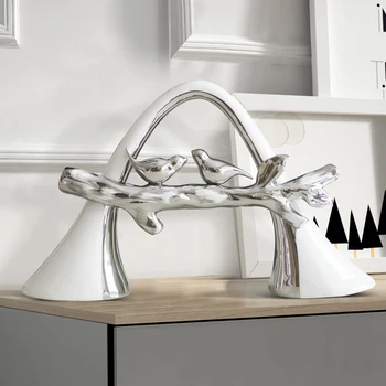 

Silver Bird Stand On A Branch Statue Handicraft Decorations For Home Ceramic Sculpture Escultura Home Decorative Accessories