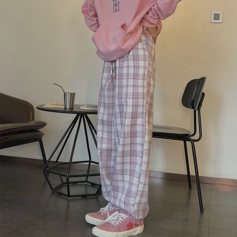 Pantalones Vintage de cuadros rosas para mujer, Ropa de talla grande de cintura elástica, holgados, de pierna ancha, con bolsillos, ropa coreana Harajuku