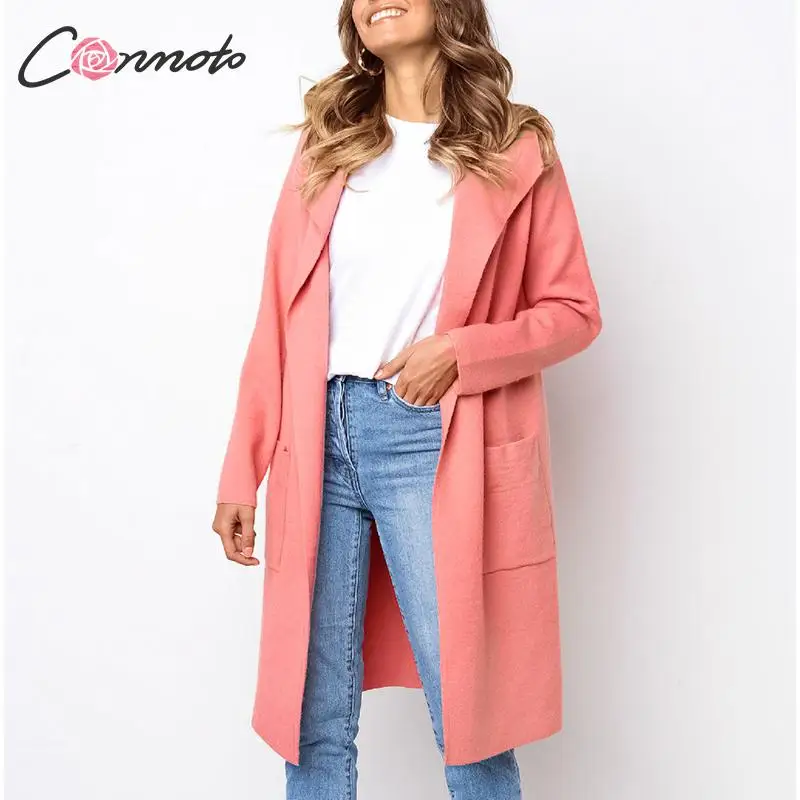 

Conmoto high fashion solid red long coats women autumn winter casual ladies coat turn down pockets cardigans feminino coats