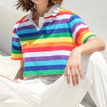 

New Casual Tshirt Loose Rainbow Striped Turn-down Collar Short-Sleeved Women T-shirt Tops Female Harajuku Clothes