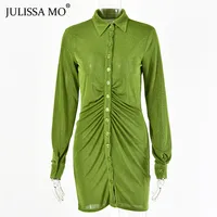 Julissa Mo jesień zmarszczony, długi rękaw obcisła sukienka kobiety skręcić w dół kołnierz Sexy Mini sukienka kobiet przycisk Slim Party Vestidos 2020 6